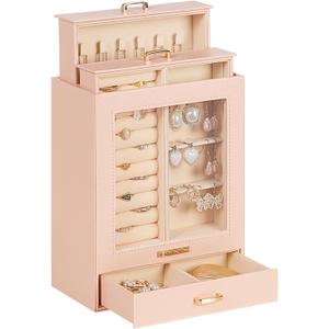 Homde Jewelry Organizer Girls Women Jewelry Box for Necklaces Rings Earrings Gift Bracelets Storage Case (Peach Pink + Gold)