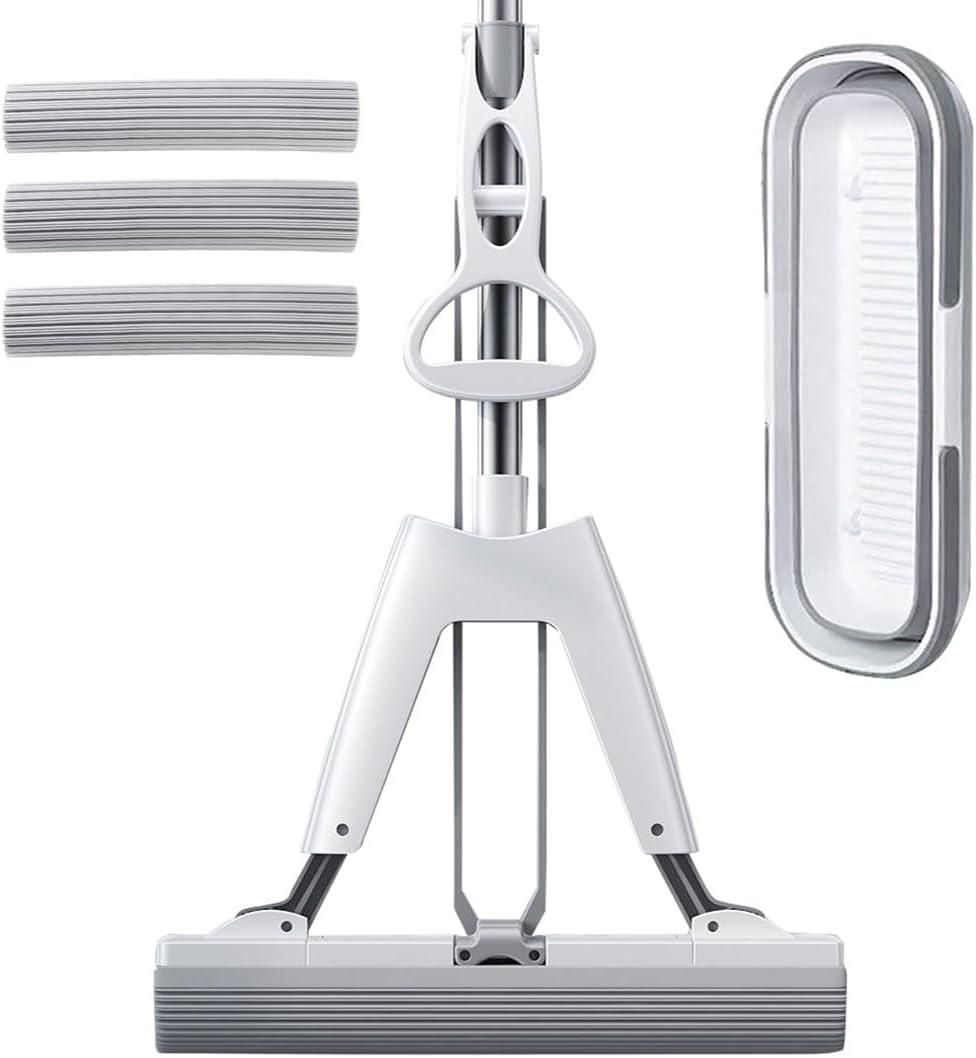 Mop and Bucket with Wringer Set for Home Floor Cleaning, Self Squeezing mini Hand mop with 3 Absorbent Sponge Mop Refills and Adjustable Height (Large, Gray)