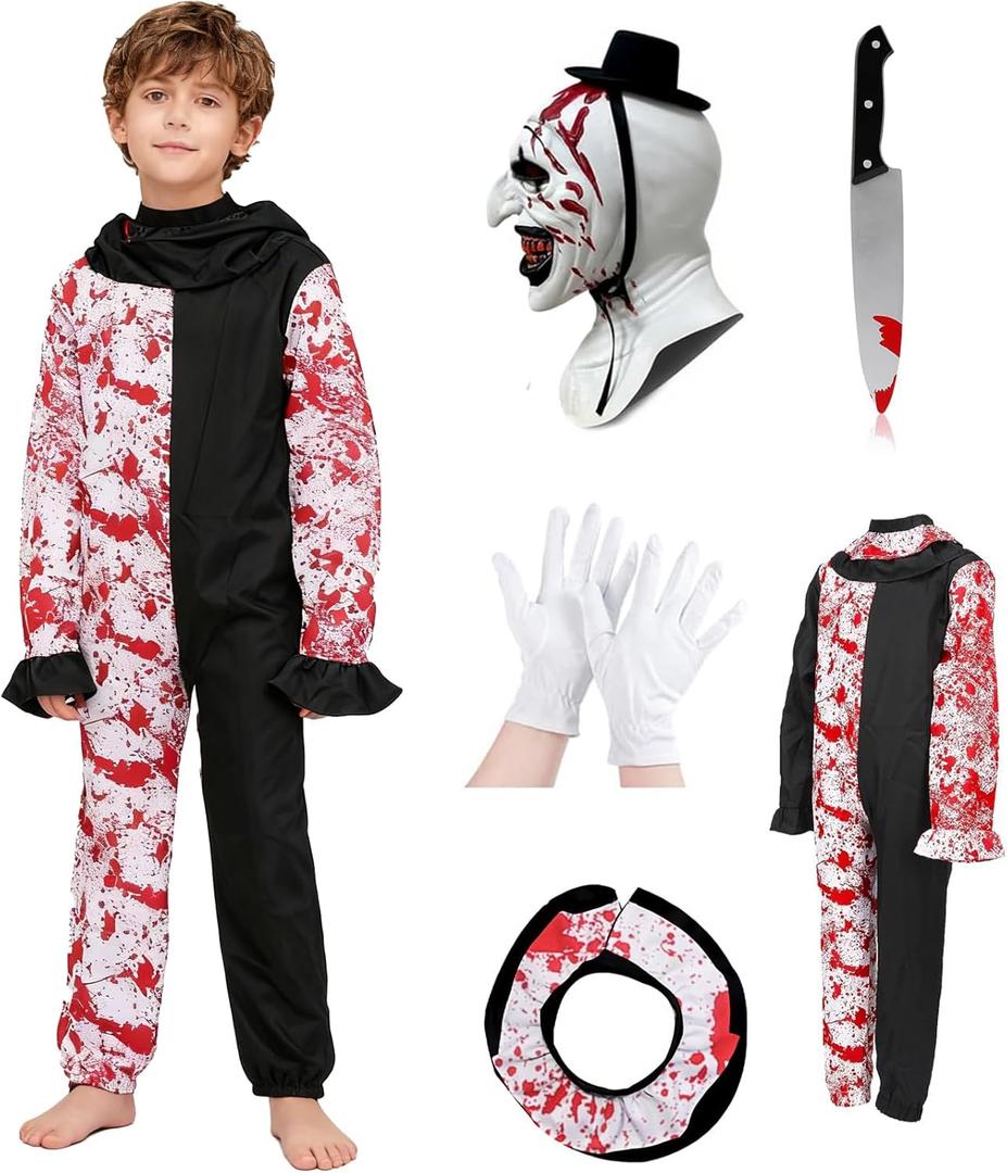 Art Clown Costume Kids Terrifying Mask Scary Killer Clown Costume Halloween Cosplay Outfit Boys Girls (Small/120)