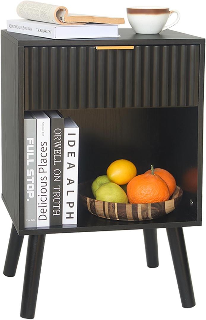 Fultyle Black Fluted Nightstand, Modern Bedside Table with Drawer and Opening Storage, End Side Table Living Room with Solid Wood Legs for Bedroom (Black)