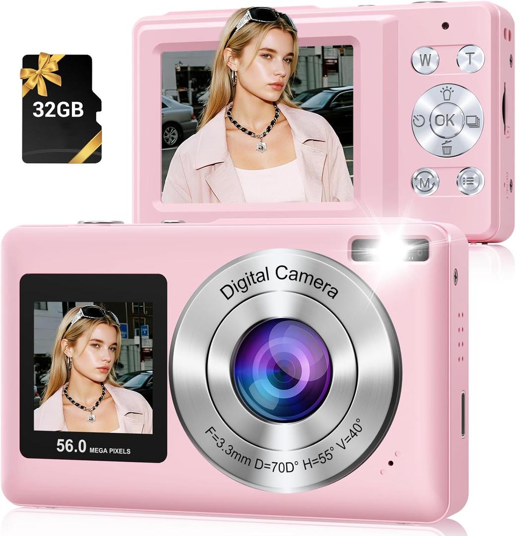 Digital Camera, 56MP 2.7K Dual-Screen Selfie Camera with 16X Zoom, 20 Filters & Anti-Shake, Portable Point and Shoot Digital Cameras with 32GB Card, Compact Travel Cameras for Beginners Teens Kids (Pink)