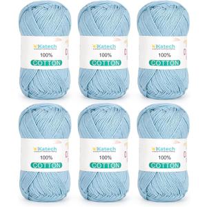 Katech Pure Cotton Yarn for Crocheting & KnittingSoft Sport Weight CYC #2, 6 Skeins (50g Each, 300g Total), Ideal Crochet Yarn for Dishcloths, Baby Clothes, Socks, Lightweight ScarvesLake Blue