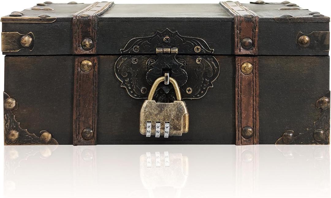Wooden Box with Lid Vintage Treasure Chest with Hinged Lid Decorative Lock box Keepsakes Boxes (L)