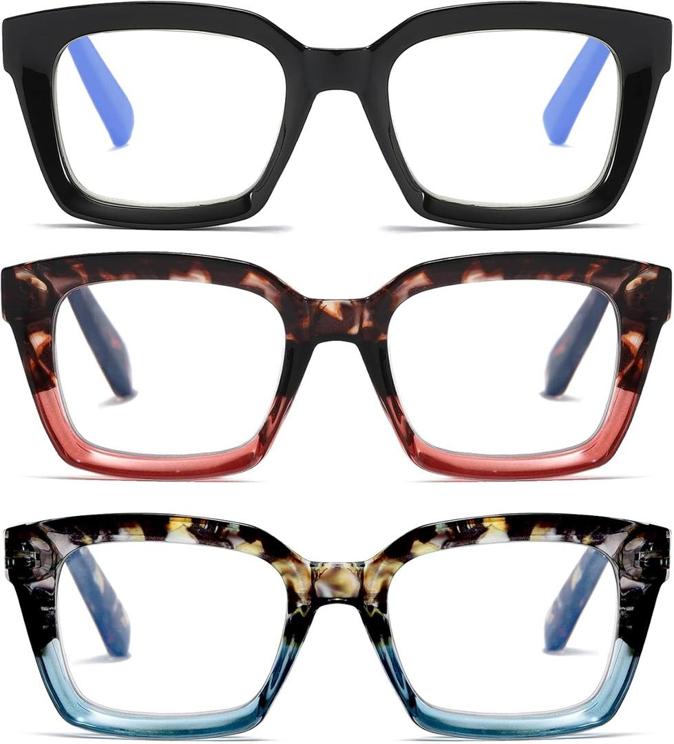 3 Pack Oversize Square Design Reading Glasses for Women,Fashion Readers with Spring Hinge (Black&Blue sunset&Pink sunset, 2.5)