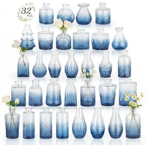 RUCKAE 32 Pack Flower Vase Mini Glass Bud Vases Vintage Small Vases for Centerpiece Table Wedding Decorations Home Decor Party (Gradient Blue)