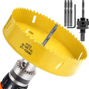6 inch Hole Saw Blade for Cornhole Boards Corn Hole Drilling Cutter 152mm in Diameter BI-Metal Heavy Duty Steel & Hex Shank Drill Bit Adapter by STARVAST for Cornhole Game, Home Improvement (Yellow)