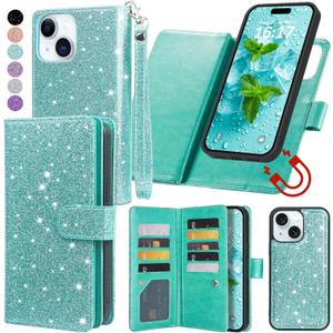 Varikke for iPhone 14 Wallet Case Detachable with 9-Card Holder for Women, Fashion Glitter PU Leather Wrist Strap Strong Magnetic Flip Wallet Removable Phone Case Cover for iPhone 14 6.1", Mint Green