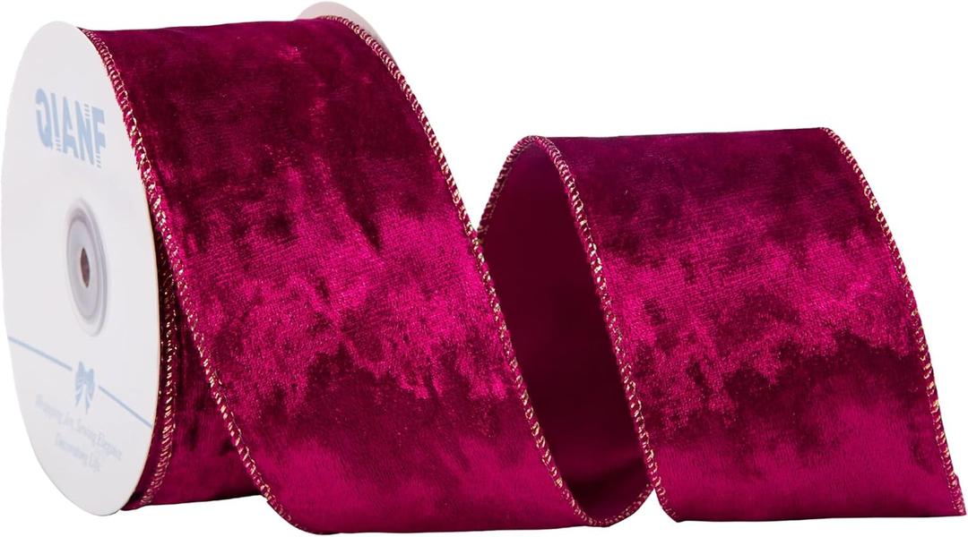 Burgundy Velvet Wired Edge Ribbon, 2.5 Inch x 10 Yards Crushed Velvet Christmas Ribbon for Christmas Tree Decoration Gift Wrapping Garland Wreaths Bows Making