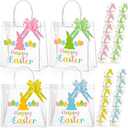 Sweetude 24 Pack Happy Easter Clear Gift Bags Bulk with Handles & Pull Bows, Reusable PVC Bunny Egg Treat Candy Bag Goodie Bags Pastel Plastic Gift Tote Bag for Easter Party Favors, 7.9 x 7.9 x 3.2 (Colorful)