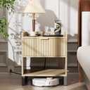 Fluted Night Stand with Charging Station, Wood Nightstand with Large Drawer and Open Storage Cabinet, Mid-Century Modern Bedside Table End Table for Bedroom Closet Office