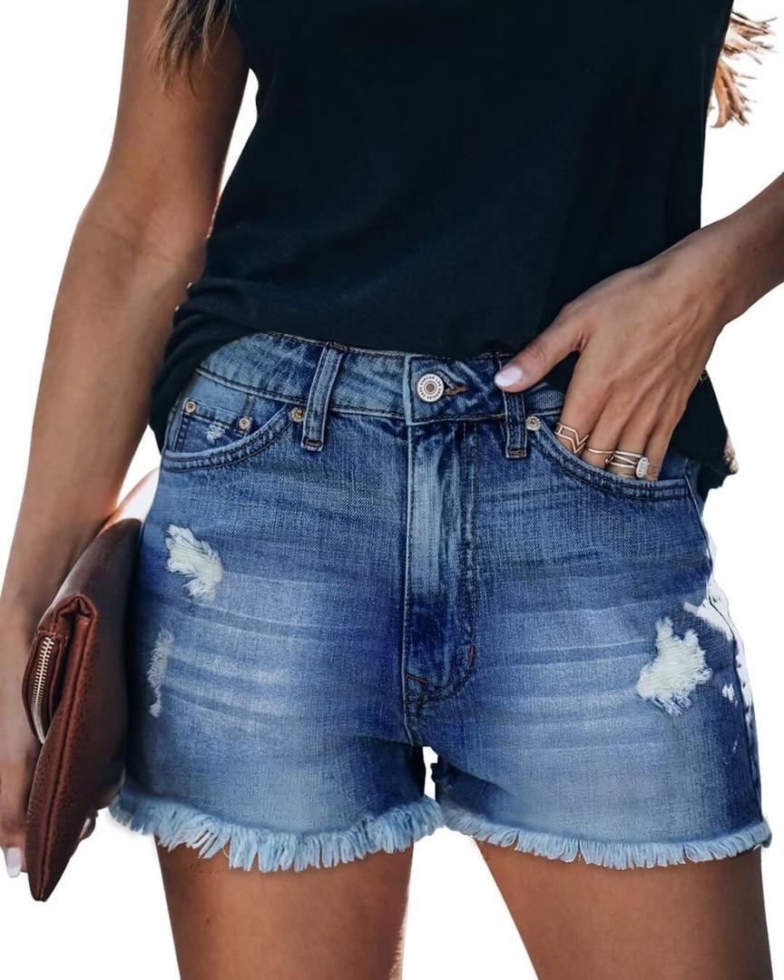ZOLUCKY Women's Casual Summer Denim Shorts Mid Waisted Stretchy Ripped Jean Shorts with Pockets (Medium, C1 Navy)