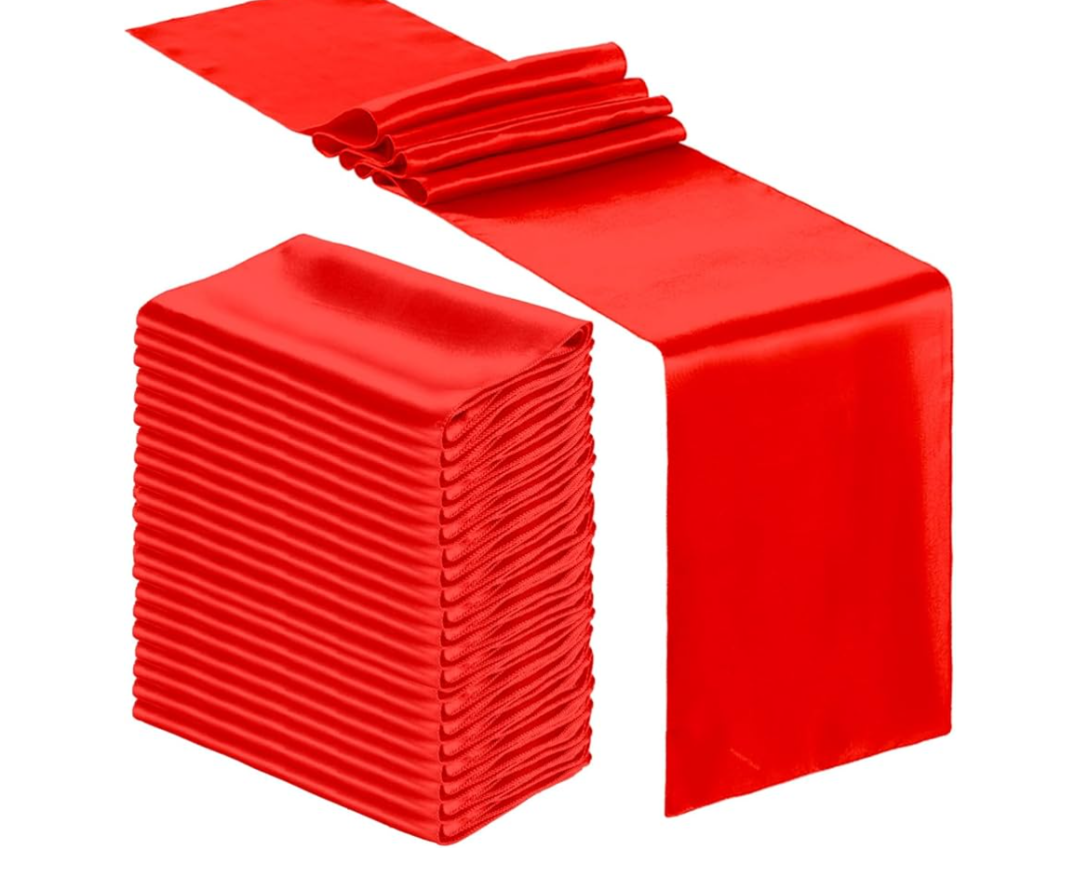 Bencailor 24 Pcs Bright Red Satin Table Runner Bulk 12 x 108 Inches Long Table Runners Bright Smooth Fabric Tablecloth for Wedding Banquet Birthday Valentines St Patrick's Day Party Decorations