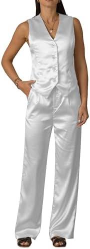 Women's 1 Piece Outfits Satin Suit Vest Waistcoat Dressy Casual Sets Wide Leg Pants Suits Size L
