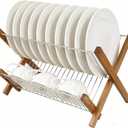 HTB Dish Drying Rack 2 Tier,Collapsible Stainless Steel & Teak Wood Dish Drying Rack,Foldable Dish Drainer for Plates,Cups,Kitchen Counter,Home,Apartment