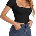 MANGOPOP Women's Square Neck Short Sleeve Long Sleeve Bodysuit Sexy Body Suits Shirt Slim Fitted Tops (Black, XS)