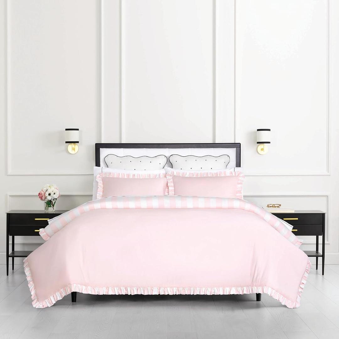 kate spade new york Sateen Ruffle Full/Queen Comforter Set, 300 Thread Count Cotton Sateen Reversible Cover, All Season 3 Piece Bedding, Machine Washable, Pink