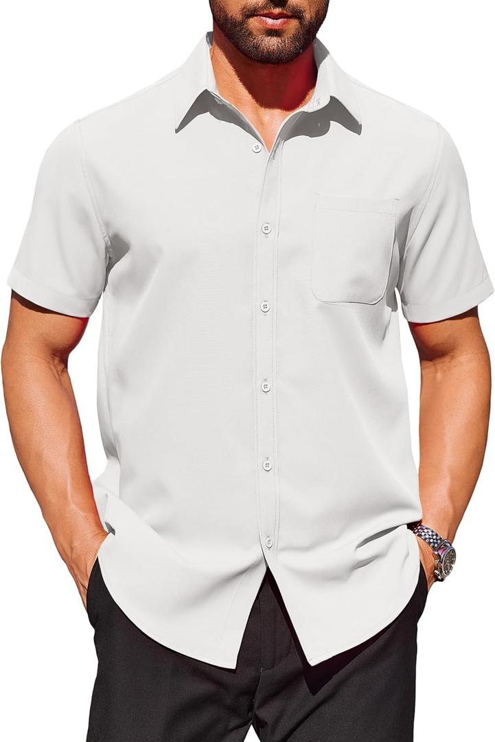 COOFANDY Mens Short Sleeve Dress Shirts Wrinkle Free Button Down Shirts Stain Shield Shirts with Pocket (X-Large, White)
