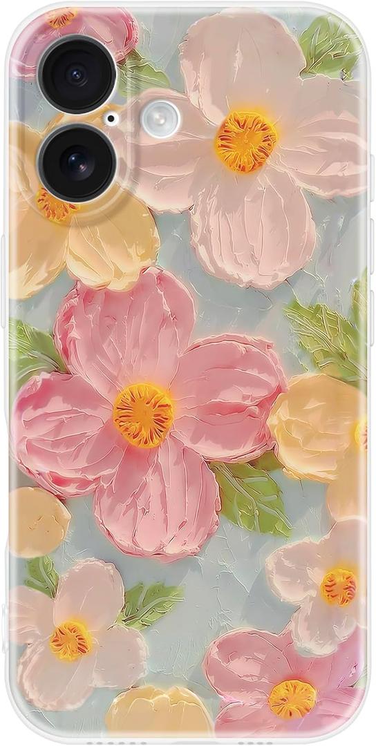 Cute Case for iPhone 16 Plus, Colorful Retro Oil Painting Printed Flowers iPhone 16 Plus Phone Case, Girly Aesthetic Floral Pattern Soft TPU Shockproof Protective Cover for Girls Women