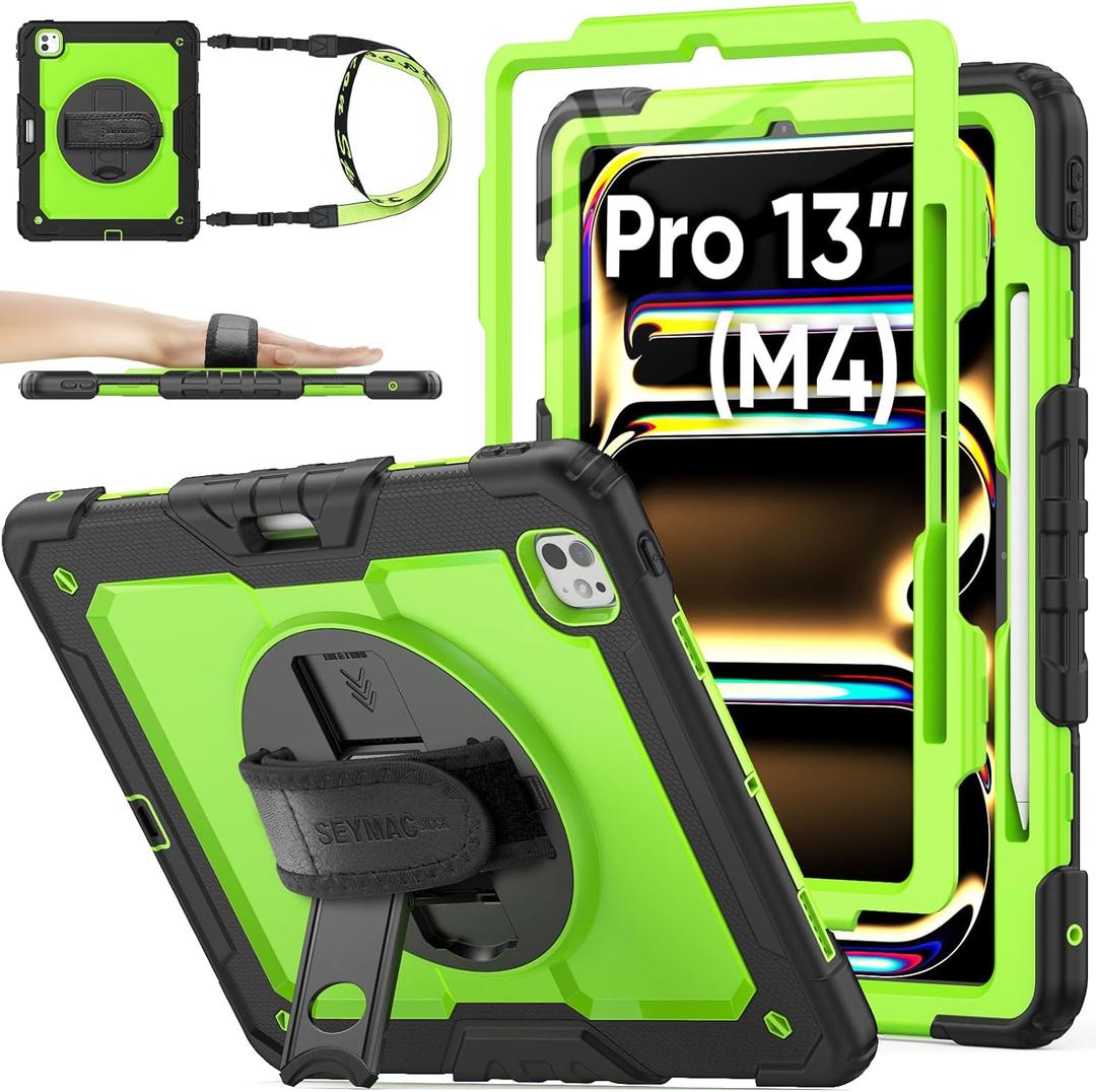SEYMAC stock Case for iPad Pro 13-inch M5-M4 2025-2024, Shockproof Heavy Duty Case with Screen Protector, Pencil Holder, Rotating Stand, Hand Strap, Shoulder Strap, Green