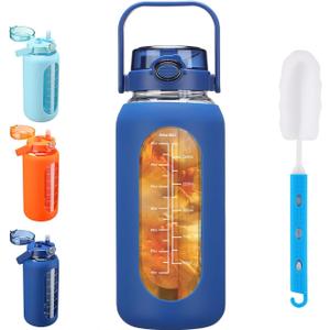 Glass Water Bottle with Straw and Handle Lid Half Gallon Motivational Glass Bottle with Silicone Sleeve and Time Marker Large Reusable Sports Water Jug for Gym Home Workout (64 Ounces, Dark Blue)