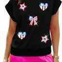 Women American Flag Cap Sleeve Shirt Sequin USA Star T-Shirt Sparkly 4th of July T-Shirt Patriotic Tee Tops (Small, Black)