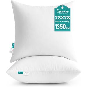 Oubonun 28 x 28 Throw Pillow Inserts - Soft, Plush & Decorative Down Alternative Pillows for Couch Sofa Bed, Machine Washable - White, Pack of 2