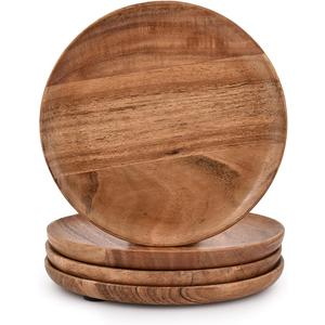 Samhita Acacia Wood Round Wood Plates Set of 4, Easy Cleaning & Lightweight for Dishes Snack, Dessert.(7" x 7" x 1")