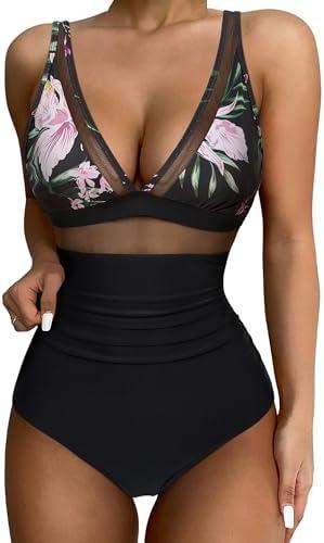SUUKSESS Women Sexy Mesh Tummy Control Swimsuit Push Up High Waisted Bathing Suit XL