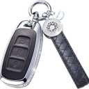 for Hyunda Key Fob Cover with Keychain, Black Genuine Leather Crystal Key Case Protection Shell Compatible with 2022 2021 2020 Hyunda Sonata Santa fe Tucson Keyless Entry 5 Buttons Smart Key