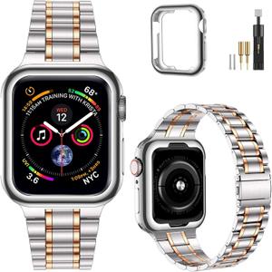 MioHHR Solid Stainless Steel Bands Compatible with Apple Watch 38mm 40mm 41mm, Metal Strap with Soft TPU Case for iWatch Bands Series 9 8 7 6 5 4 3 2 1 SE SE2 SE3 Women and Men, Silver/Rose Gold