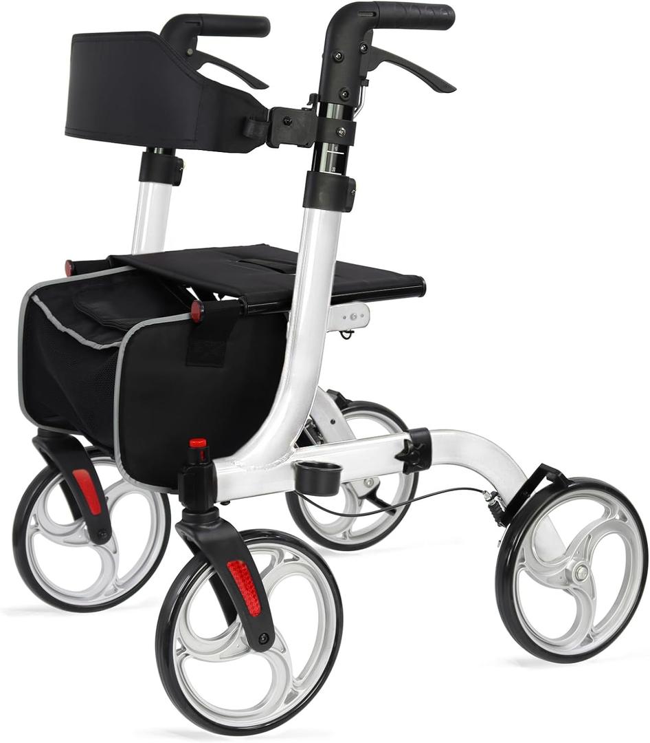 Rollator Walkers for Seniors-Folding Rollator Walker with Seat and Four 10inch Wheels-Medical Rolling Walker with Comfort Handles and Thick Backrest-Lightweight Aluminium Frame and Basket (White)