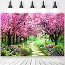 7x5ft Cherry Blossom Tree Backdrop Forest Path Botanical Pink Floral Natural Landscape Backdrop for Wedding Baby Shower Birthday Party Living Room Decoration Props