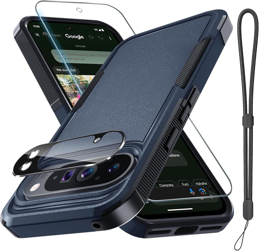 for Google Pixel 10 Pro XL Case with Wrist Lanyard Strap+Tempered Glass Screen Protector+Camera Lens Cover,Full Body Heavy Duty Rugged Shockproof Protective Phone Cover,Navy Blue