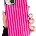 Compatible with iPhone 13/14 Case, Cute Fashion Aesthetic Striped Pattern Cover for Women, Shockproof Soft TPU and Hard PC Protective Phone Case for iPhone 13/14 6.1"- Hot Pink
