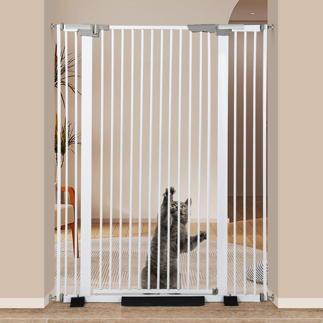 51.18" Extra Tall Cat Gate for Door Way Auto Close, 30"-40" Adjustable Width Pet Gate with 2.75" and 5.5" Extension Kits, No Drilling Pressure Mount Kit, White