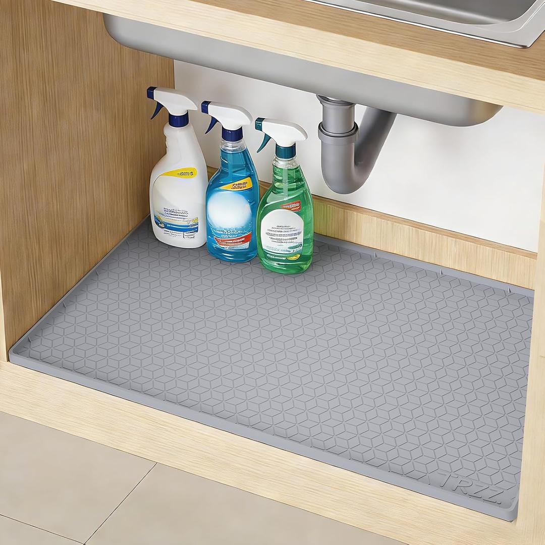 TRZZ Silicone Waterproof Under Sink Mat 34" x 22", Drip Tray and Cabinet Liner for Kitchen and Bathroom, Prevents Water Damage and Organizes Cabinets (Grey) (Gray)