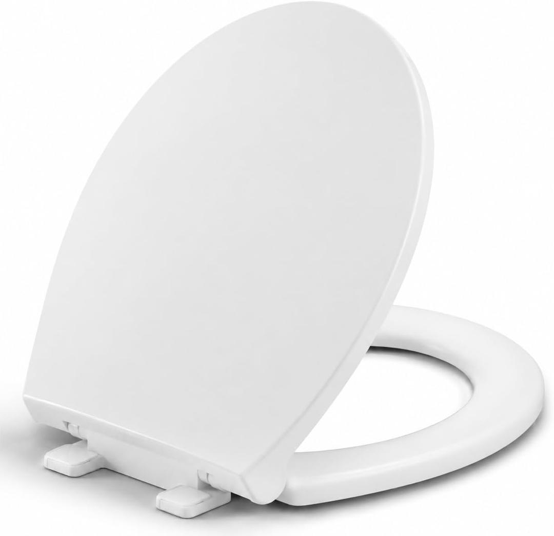 Round Toilet Seat, Standard 16.5 Slow/Soft Close Round Toilet Seat for Round Toilets, No-Slam Quiet-Close Lid, Easy-to-Install, White, Durable Never-Loosen Design