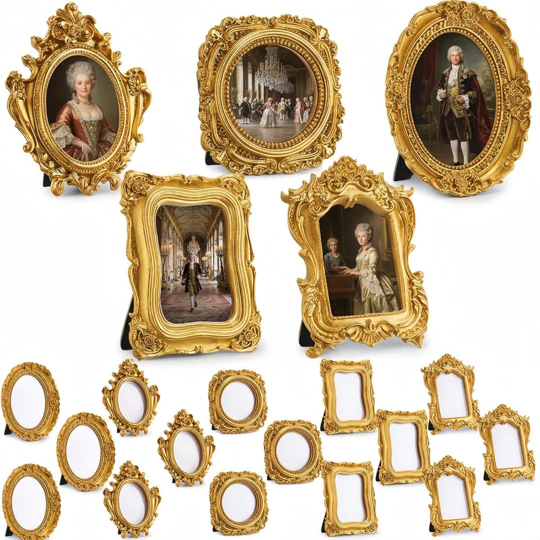 20 Pcs Vintage Mini Gold Frame Small Resin Baroque Picture Frames Antique with Paper Board and PVC Film Retro Photo Ornaments for Home Wedding Wall Display DIY Decoration (Carved Style)