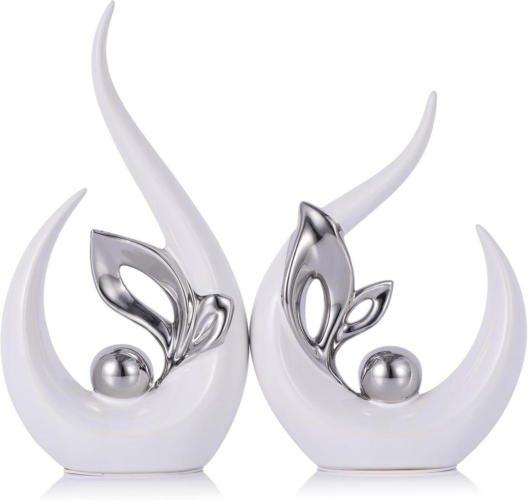 9.4" H White Silver Abstract Sculptures Home Decor, Ceramic Art Statue Cool Stuff to Put on Shelves&tv Stand Decor, Silver Accent Entertainment Center, for Fireplace Coffee Table Dining Table Decorate