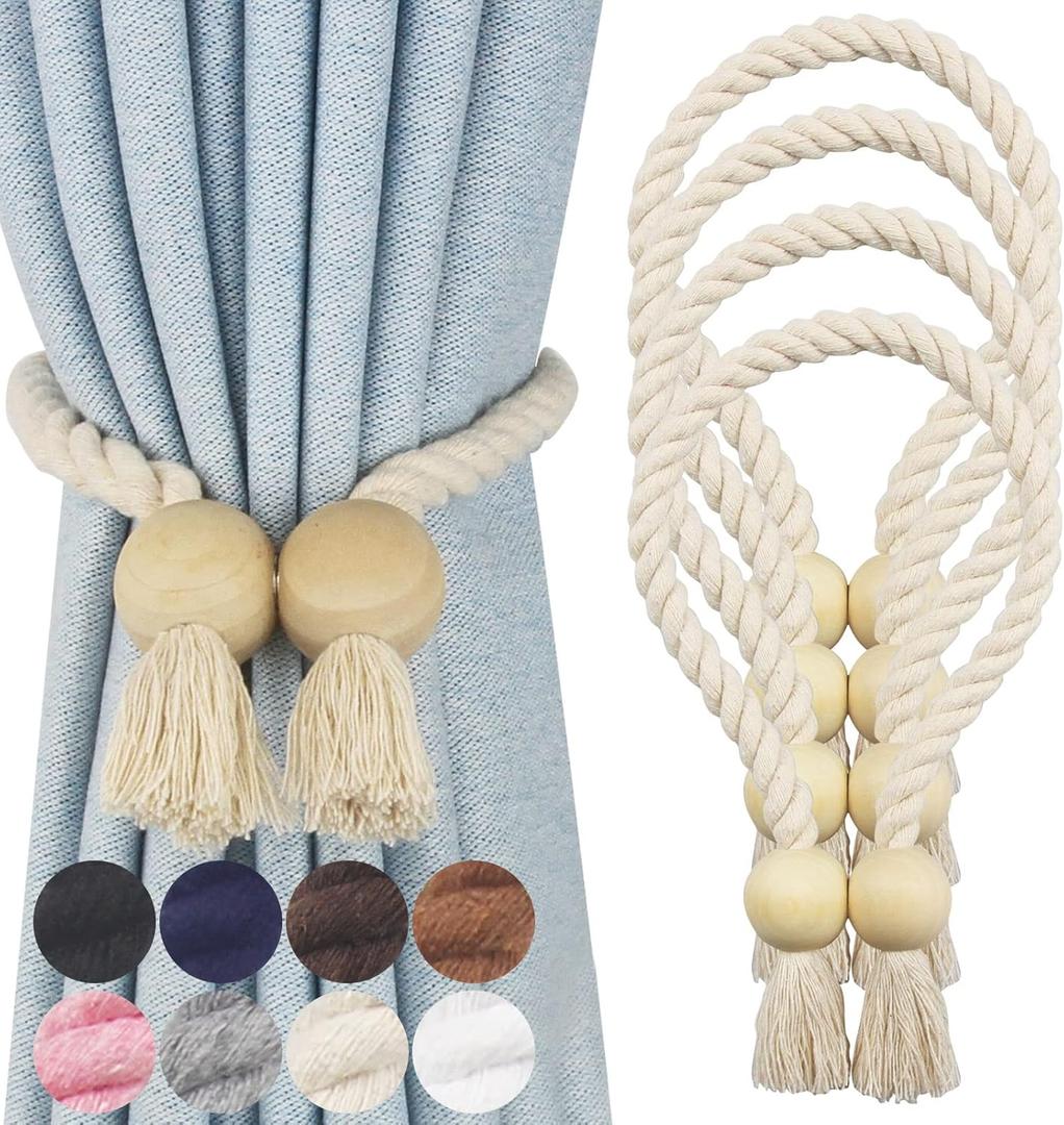 4 Pack Magnetic Curtain Tiebacks Cotton Hand Woven Tie Back Decorative Rope Holdbacks for Curtains Draperies No Tools Required, Beige