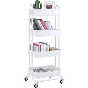 Melody House 4-Tier Metal Mesh Utility Rolling Cart Storage Organizer Shelf Rack with Lockable Wheels for Living Room Kitchen Office, White