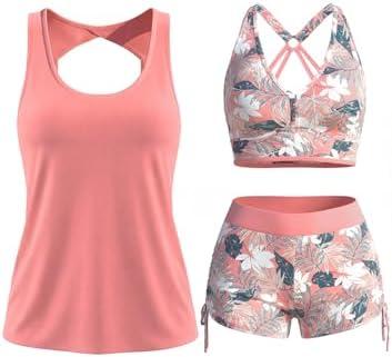 Modlily Classic 3 Piece Tankini Swimsuits for Women, Solid Tank Top & Plants Print Sports Bra with Drawstring Board Shorts, Medium