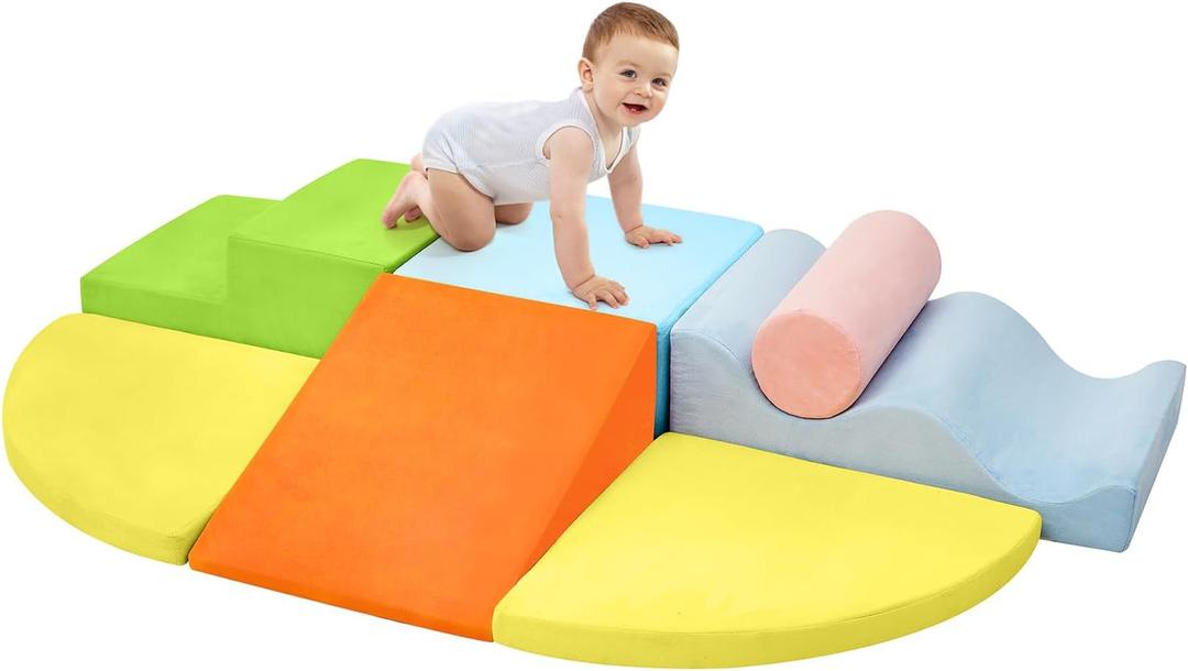 QUCHI Climbing Toys for Toddlers, Toddler Climbing Toys Indoor, 7-Piece Soft Foam Climbing Blocks Set, Toddler Playtime Corner Climber Indoor Foam Play Gym for Climbing Crawling and Sliding (Blue/Orange)