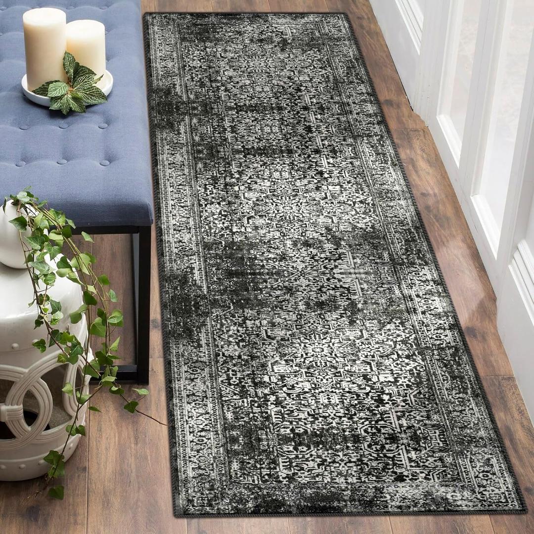vivorug Runner Rug 2'x7' Vintage Washable Non-Slip Runners for Hallways Kitchen Entryway Laundry Room Carpet Hallway Runner, Black and White Rug