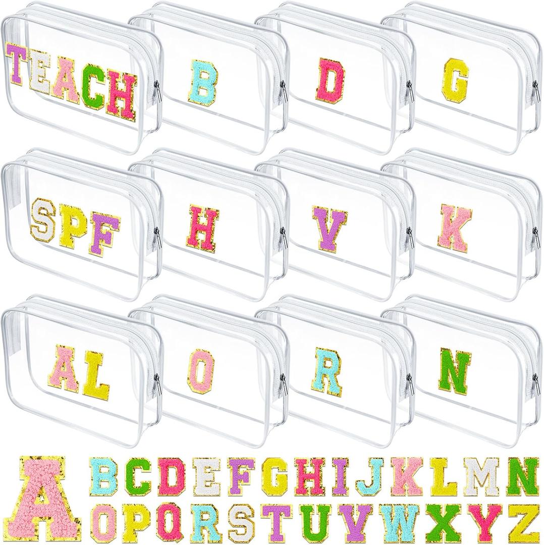 Huhumy 12 Personalized Initial A-z Preppy Patch Clear Makeup Bag Initial Letter Beach Travel Toiletry Cosmetic PVC Bag DIY Chenille Letter Patches Graduation Exchange Gifts(White, Multicolor Letters)