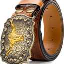 Mawjom Western Cowboy PU Leather Belt - Men Waist Strap Bull Decoration Floral Engraved for Jeans 25" to 38" Waist (Brown)