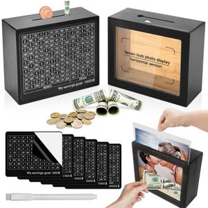 Wooden Money Saving Box Cash Vault with Numbers Challenge Target and Phoframe with Dual Function 10,000 7,000 5,000 3,000 1,000 500 Suitable for Adults and Children (Black)