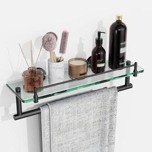 Bathroom Towel Rack with Tempered Glass Shelf 16 Inch, Matte Black Floating Wall Mount Storage