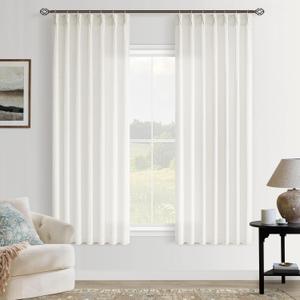 Pinch Pleated Semi Sheer Linen Curtains 63 Inch Length for Living Dining Room Kitchen Light Filtering Pinch Pleat Linen Drapes Back Tab 2 Panels Boho Farmhouse Cream Ivory Window Curtains 40x63 (Natural)