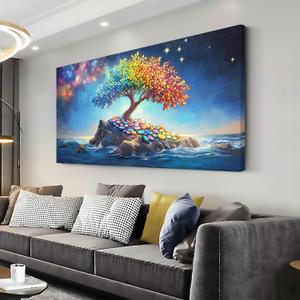 GAFSING Rainbow Colors Tree Wall Art for Living Room Office Fantasy Art Cosmic Ocean Surreal Landscape Tree of life Painting Prints Magical Canvas Artwork Dining Bedroom Decor, 40"L x 20"W